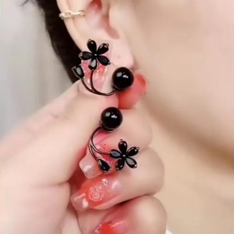 Black flower two-wear earrings temperament versatile light luxury earrings