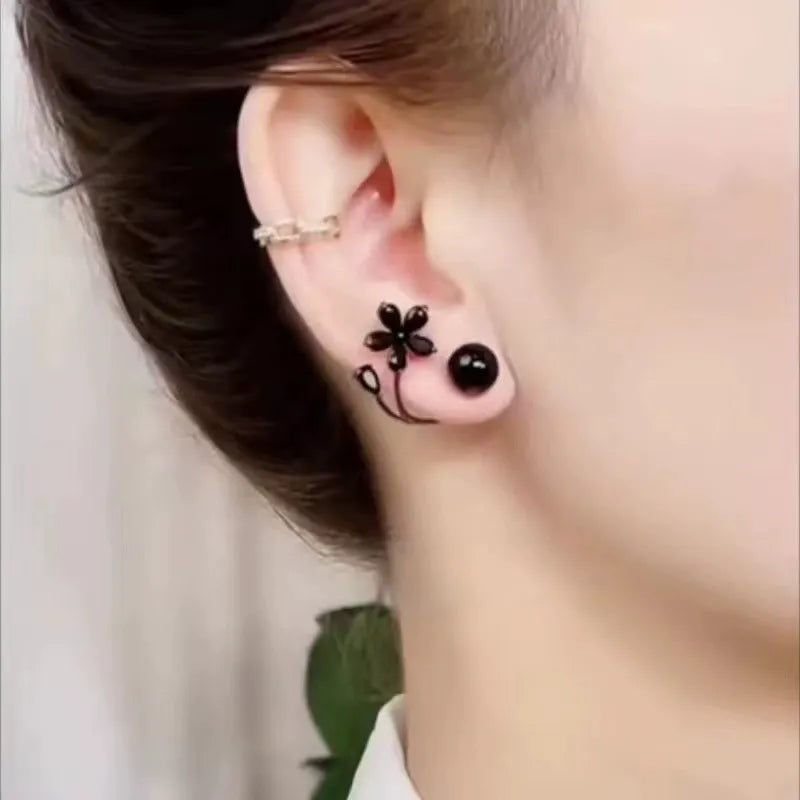 Black flower two-wear earrings temperament versatile light luxury earrings